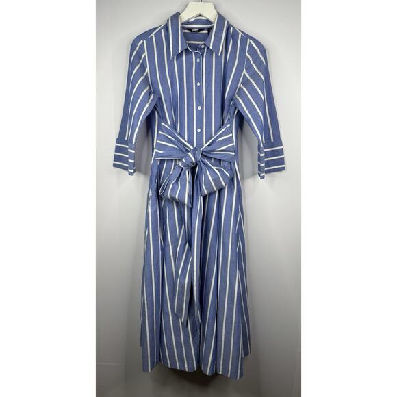 Lands End Womens Poplin Midi Wrap Front Dress Sz 2 Blue Striped Preppy Nautical - Picture 2 of 10